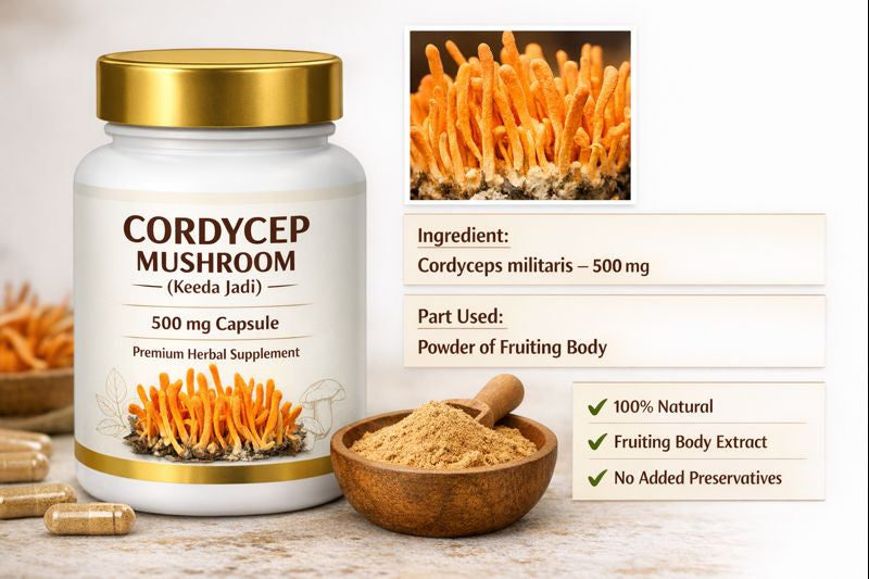 Cordyceps Mushroom Capsule (Keeda Jadi) – Cordyceps militaris 500 mg | Fruiting Body Powder | Herbal Supplement Capsules