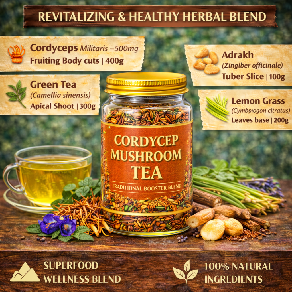 Cordyceps Mushroom Tea (Keeda Jadi) – Green Tea Blend with Cordyceps militaris, Ginger & Lemongrass | Fruiting Body Cuts | Herbal Tea