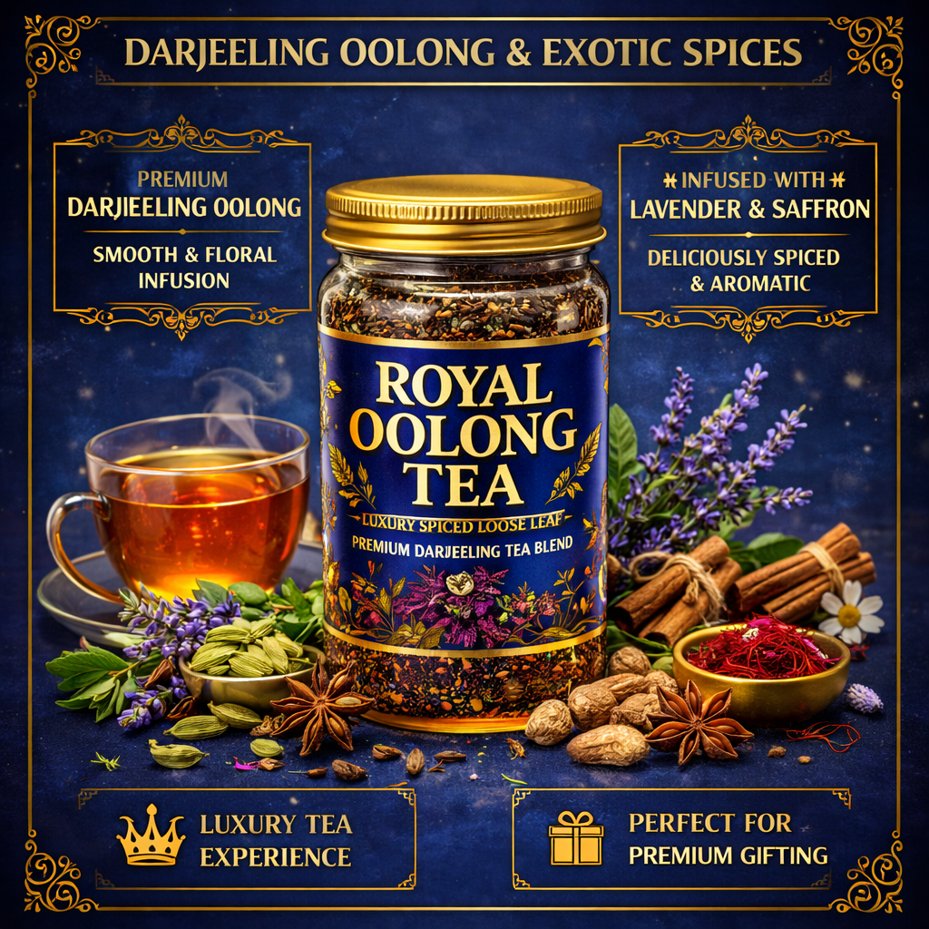 Royal Oolong Tea – Darjeeling Oolong with Cardamom, Cinnamon, Star Anise, Cloves, Lavender & Saffron | Premium Spiced Loose Leaf Tea