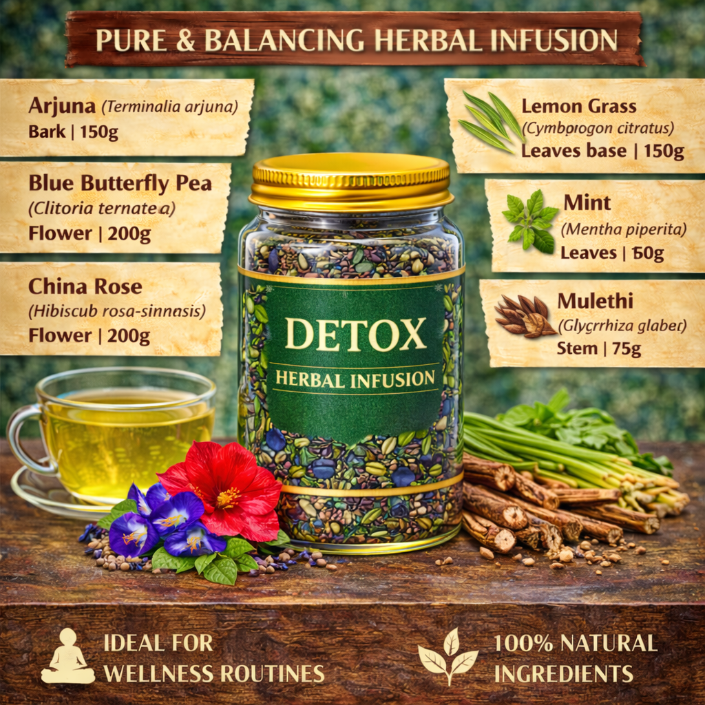 Detox Herbal Infusion – Ayurvedic Herbal Blend with Arjuna, Butterfly Pea, Hibiscus, Lemongrass, Mint & Cinnamon | Natural Herbal Infusion
