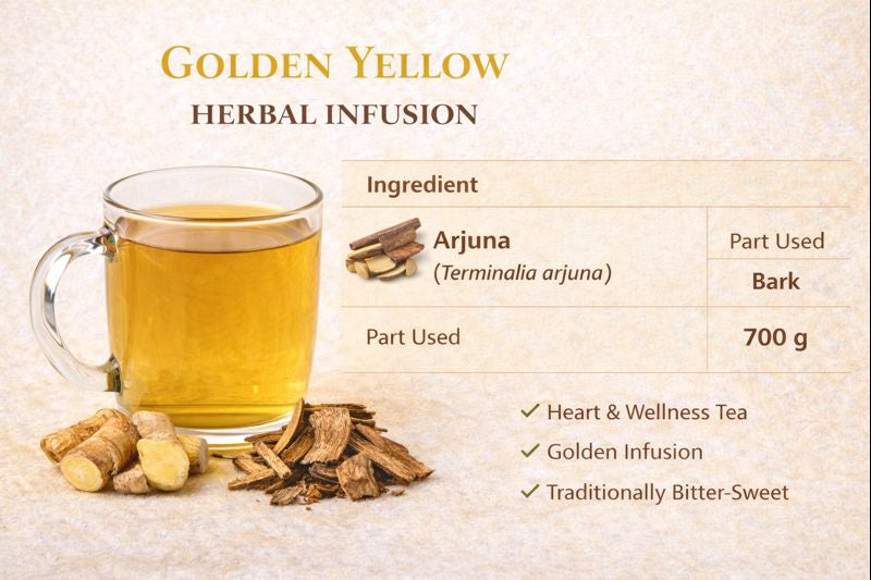 Golden Yellow Arjuna Bark Herbal Infusion – 100% Pure Ayurvedic Herbal Tea for Heart Health & Cholesterol Support | Caffeine-Free