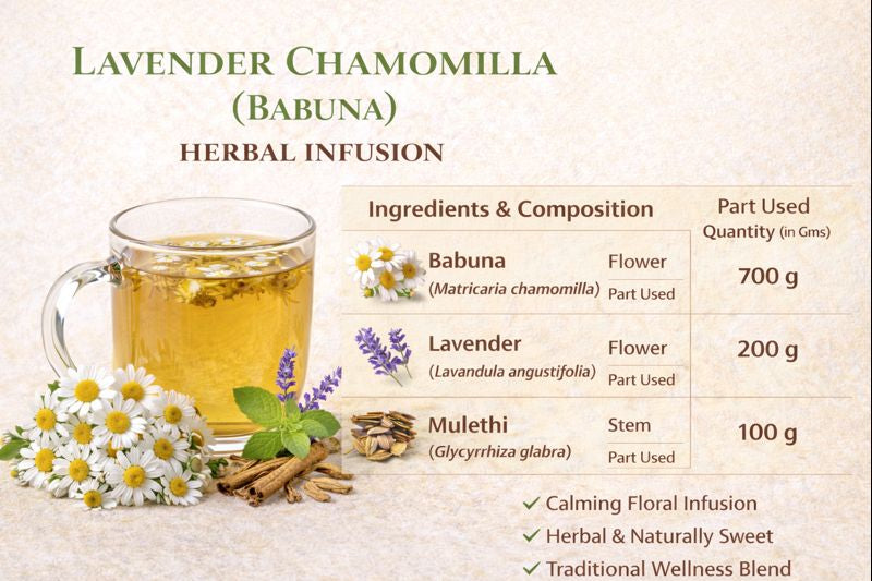 Lavender Chamomilla (Babuna) Herbal Infusion – Herbal Relaxation Tea with Chamomile, Lavender & Mulethi | Caffeine-Free | Natural Calm & Sleep Support