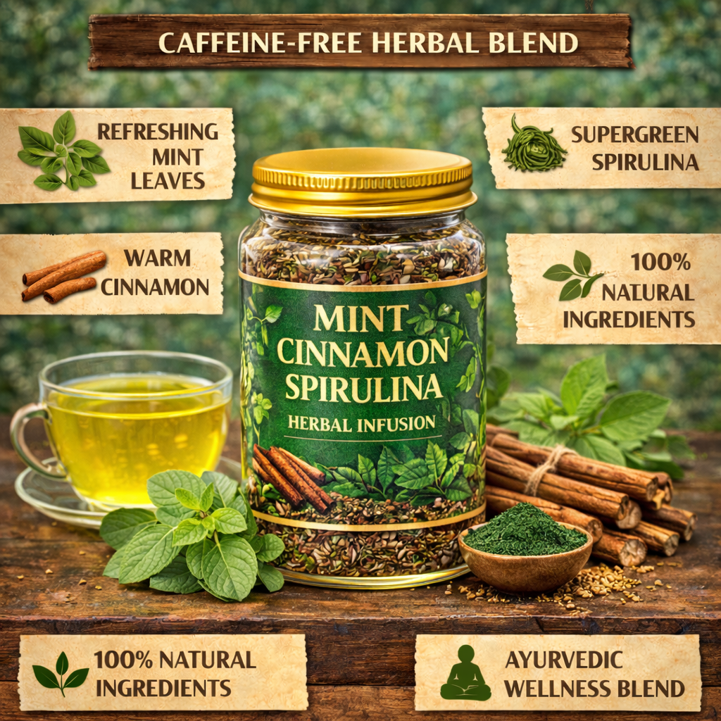 Mint Cinnamon Spirulina Herbal Infusion – Herbal Superfood with Spirulina, Cinnamon, Mint & Mulethi | Caffeine-Free | Green Wellness Blend