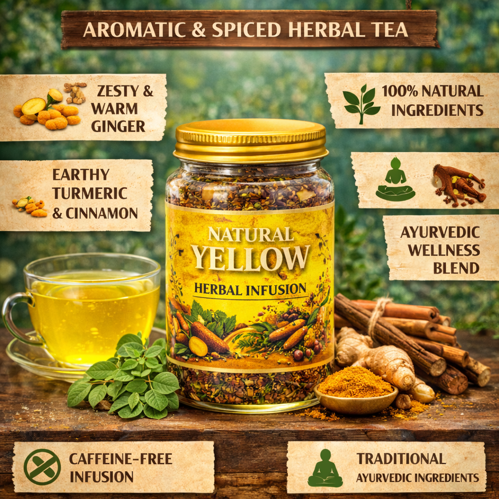Natural Yellow Herbal Infusion – Herbal Infusion with Ginger, Turmeric & Cinnamon | Ayurvedic Wellness Blend | Caffeine-Free
