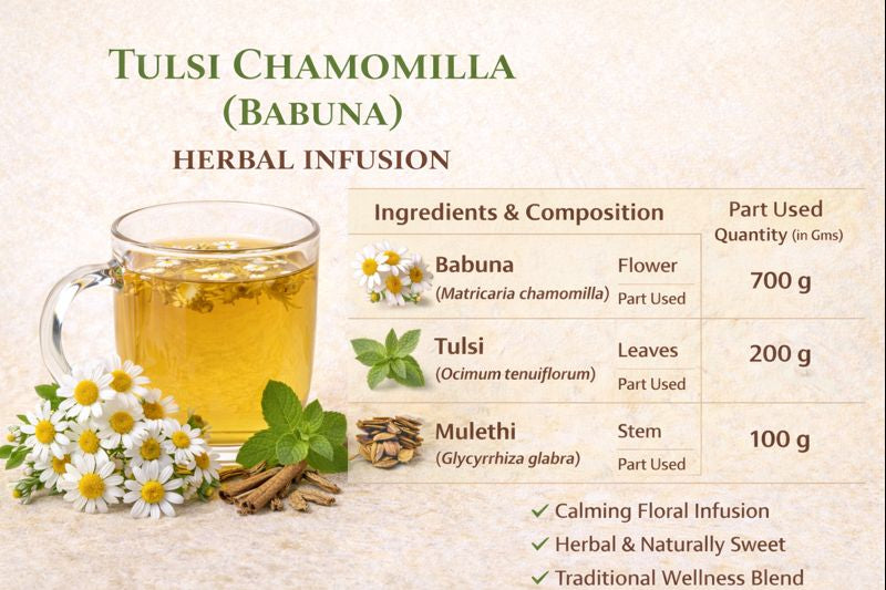 Tulsi Chamomilla (Babuna) Herbal Infusion – Herbal Wellness Tea with Chamomile, Tulsi & Mulethi | Caffeine-Free | Natural Relaxation & Immunity Support